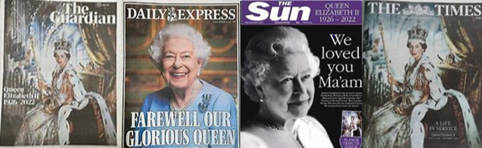Front pages The Guardian, Daily Express, The Sun, The Times with as headline the farewell of Queen Elisabeth II